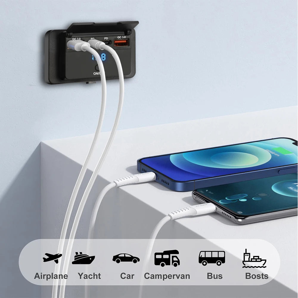 Dual PD Dual QC 3.0 USB Car Charger 12V RV USB Outlet Panel 108W Fast Charge Socket with Switch & Voltmeter for Boat Motorcycle