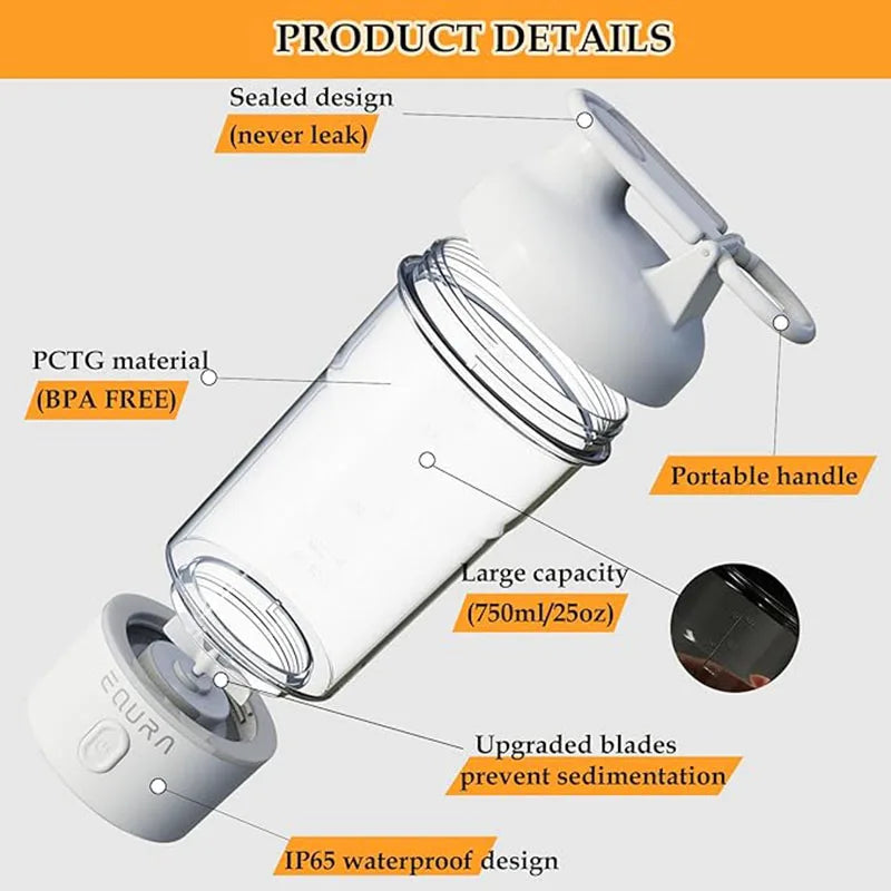 Electric Shaker Bottle, 25Oz Blender Bottles for Protein Mixes, Portable USB C Rechargeable Pulse Protein Shake Bottle, BPA Free