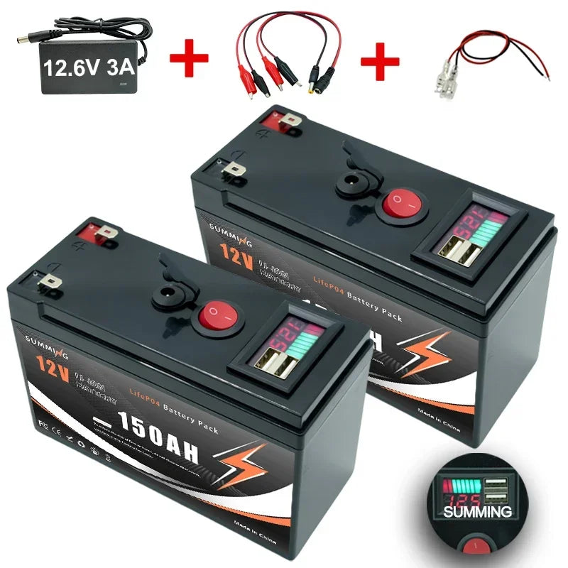 LiFePO4 12V 150Ah Lithium Battery 4000+ Deep Cycles, for Power Wheels, Radio, Kayak Fish Finder, Solar Power, Ride on Toys
