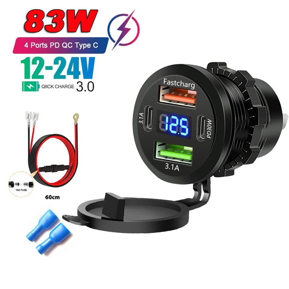 86W 4-Ports USB Charger with LED Voltmeter Dual PD & Dual QC3.0 Fast Charging Adapter Waterproof For 12/24V Car Boat Motorcycle
