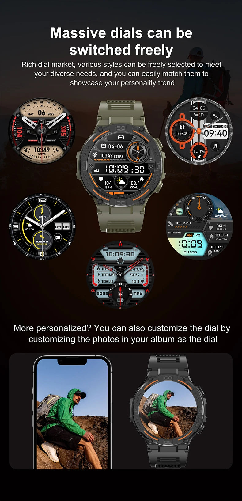 Outdoor Military Rugged Smartwatch Men Full Screen Touch 24 Hours Heart Rate 100+ Sports Mode Bluetooth Call Smartwatch