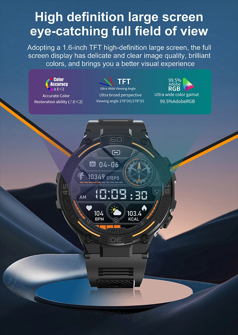 Outdoor Military Rugged Smartwatch Men Full Screen Touch 24 Hours Heart Rate 100+ Sports Mode Bluetooth Call Smartwatch