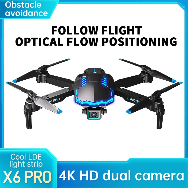 X6Pro Mini Drone 4K Professional HD Camera with Large Screen 2.4G WIFI FPV Dron Brushless Optical Flow Hover Folding Quadcopter