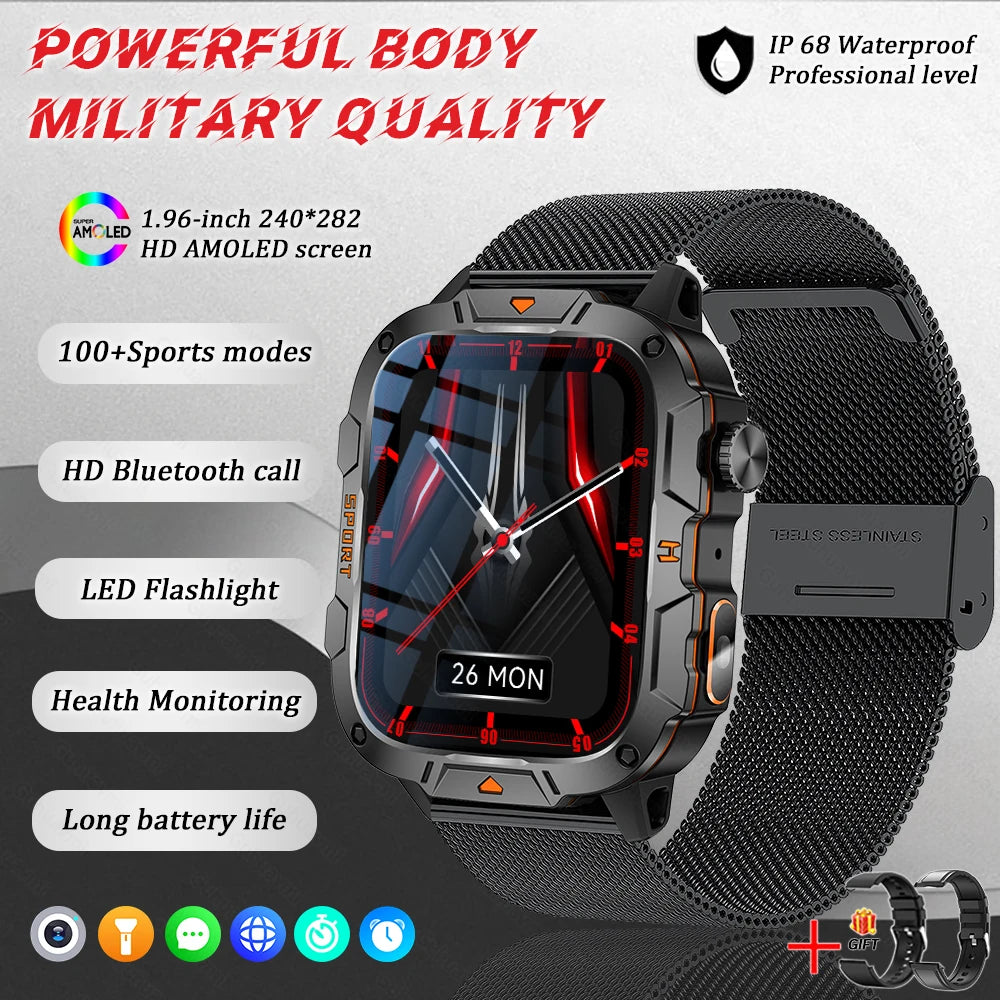 2026 New Rugged Smart Watch Men 1.96" AMOLED BT Call 5ATM Waterproof GPS Heart Rate Monitor LED Flashlight Military Sports Watch