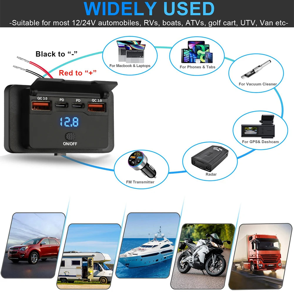 Dual PD Dual QC 3.0 USB Car Charger 12V RV USB Outlet Panel 108W Fast Charge Socket with Switch & Voltmeter for Boat Motorcycle