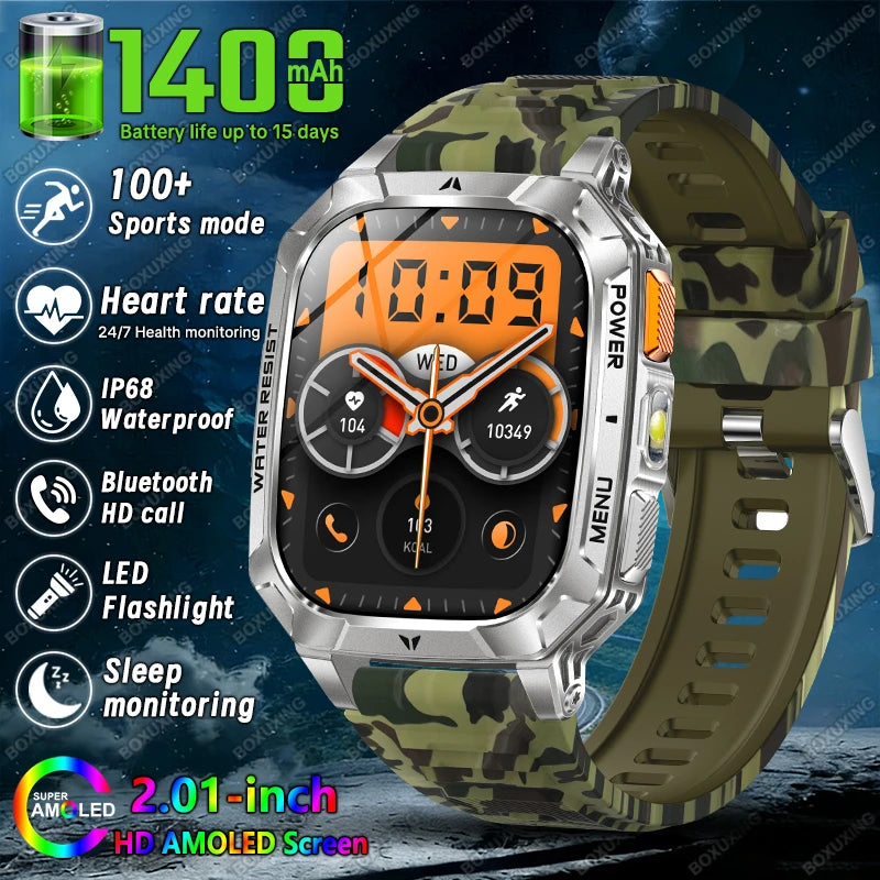 Rugged Military 1400mAh Battery Smart Watch Fitness Tracking IP68 Waterproof Tactical Sports Flashlight 2026 New Men Smartwatch