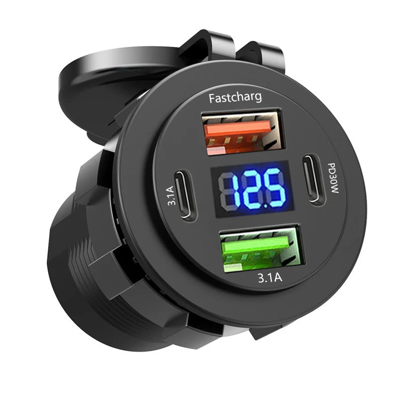 86W 4-Ports USB Charger with LED Voltmeter Dual PD & Dual QC3.0 Fast Charging Adapter Waterproof For 12/24V Car Boat Motorcycle