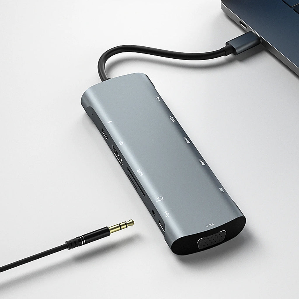 12-In-1 Hub Docking Station Type C to PD HD VGA USB3.0*3 USB2.0 RJ45 Card Reader Headphone Type C/M Docking Station