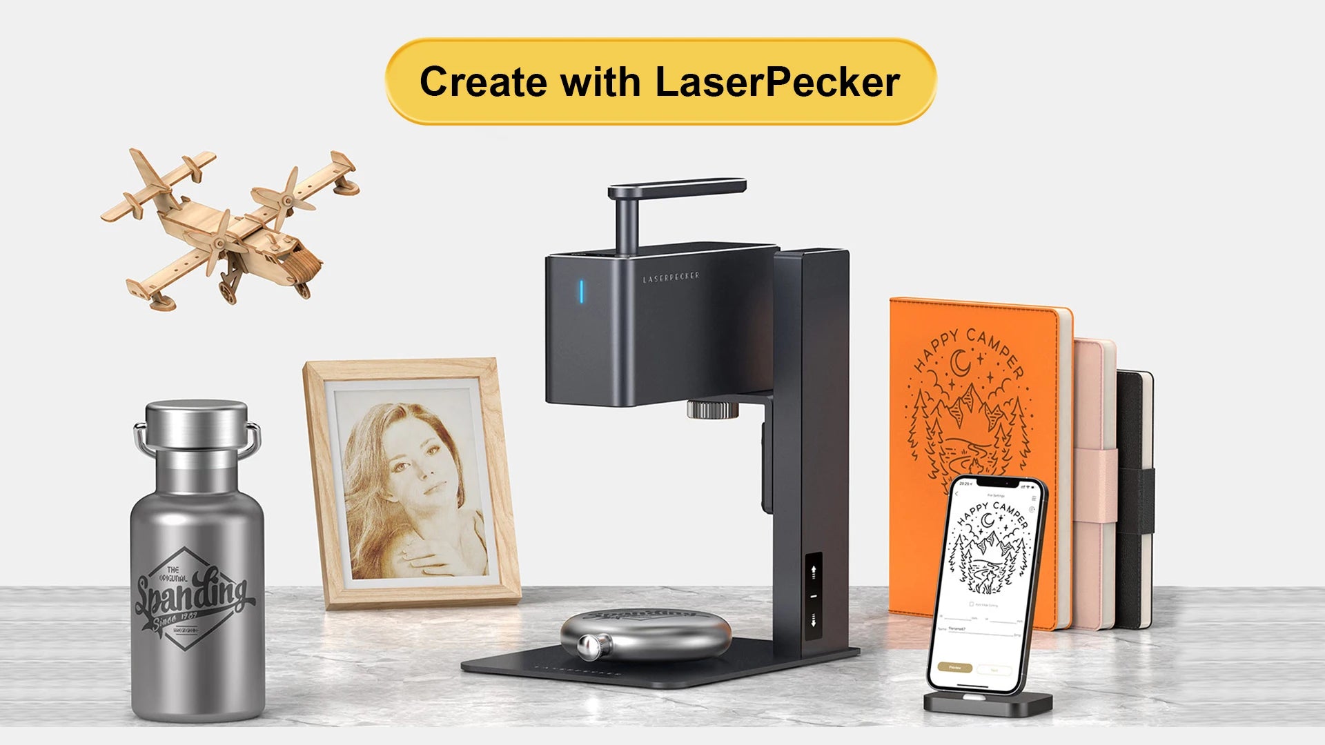 Laserpecker Laser Engraving Machine With 5W 2K Bluetooth 5.0 Mini Portable Engraver For Woodworking DIY Paper Leather LP2