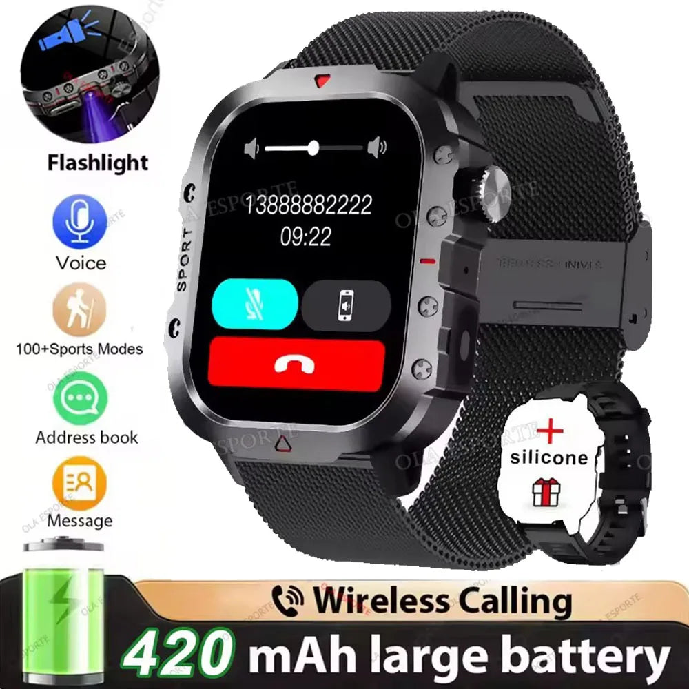 Military Outdoor Smart Watch Men’s GPS Tracking Flashlight Bluetooth Call 2.01" AMOLED Screen 5ATM Waterproof Sports Smartwatch
