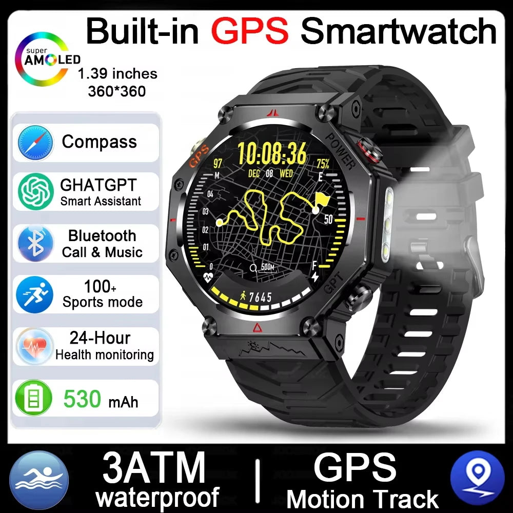 2026 NEW Military Outdoor GPS Sports Smart Watch Men 1.39" 5ATM Waterproof 530mAh ChatGPT AI Assistant Compass Smartwatch