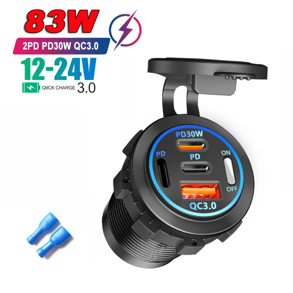 86W 4-Ports USB Charger with LED Voltmeter Dual PD & Dual QC3.0 Fast Charging Adapter Waterproof For 12/24V Car Boat Motorcycle