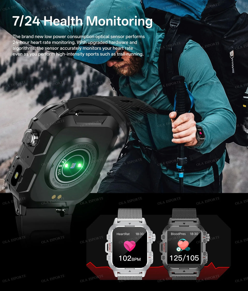 Military Outdoor Smart Watch Men’s GPS Tracking Flashlight Bluetooth Call 2.01" AMOLED Screen 5ATM Waterproof Sports Smartwatch