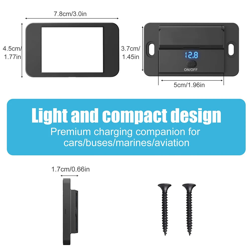 Dual PD Dual QC 3.0 USB Car Charger 12V RV USB Outlet Panel 108W Fast Charge Socket with Switch & Voltmeter for Boat Motorcycle