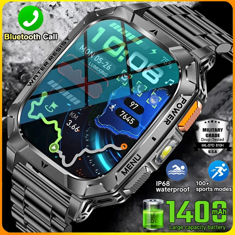 Rugged Military 1400mAh Battery Smart Watch Fitness Tracking IP68 Waterproof Tactical Sports Flashlight 2026 New Men Smartwatch