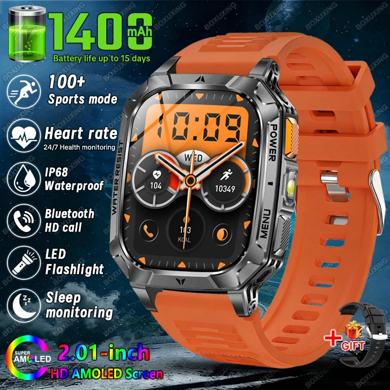 Rugged Military 1400mAh Battery Smart Watch Fitness Tracking IP68 Waterproof Tactical Sports Flashlight 2026 New Men Smartwatch