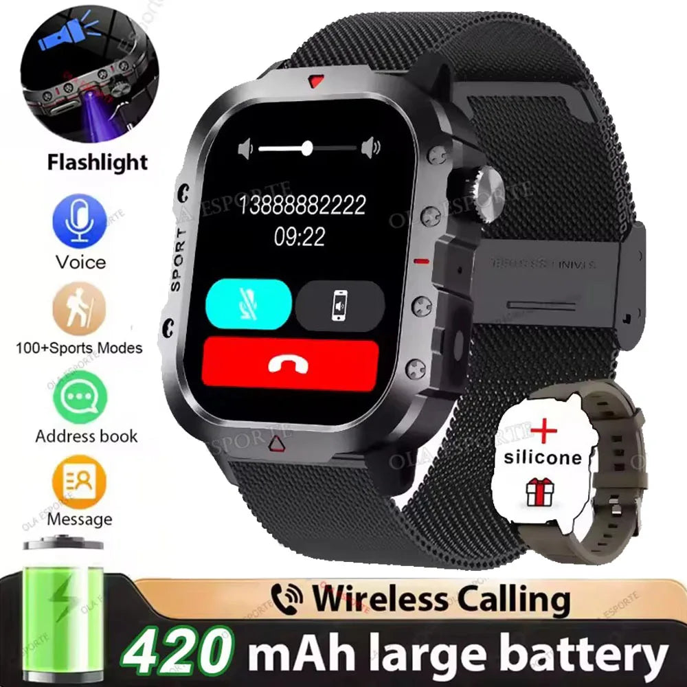Military Outdoor Smart Watch Men’s GPS Tracking Flashlight Bluetooth Call 2.01" AMOLED Screen 5ATM Waterproof Sports Smartwatch