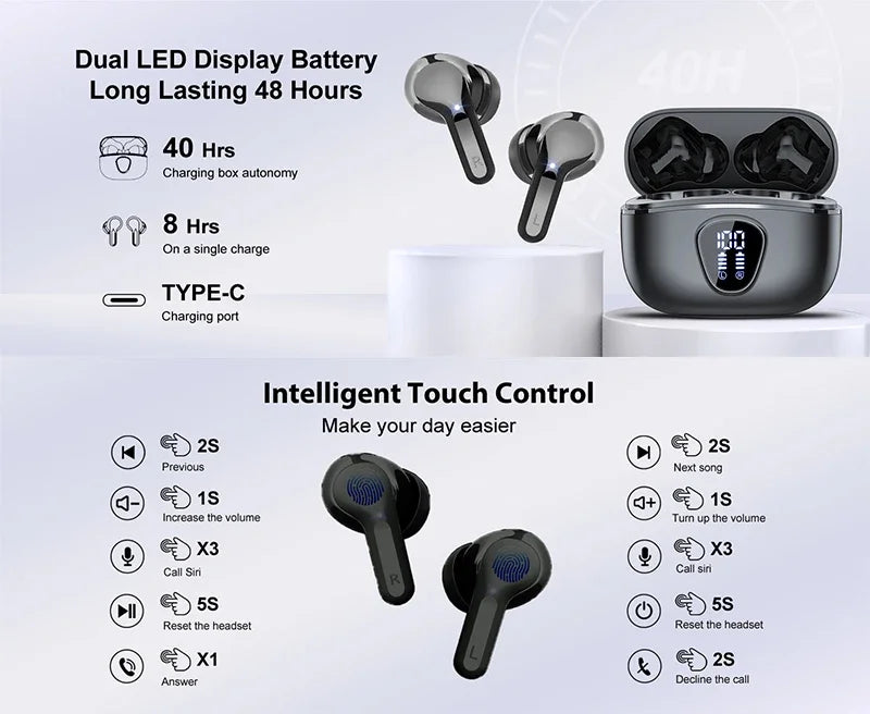 Wireless Ear Buds BT5.4 with LED Display IP7 Earphones HiFi Stereo Earbuds ENC Noise Cancelling Headphones with 48H Play Time