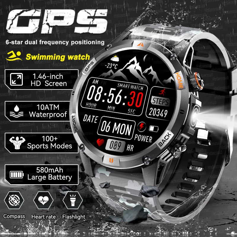 2026 GPS Military Smart Watches Men 10ATM Waterproof Call LED Flashlight 1.46" Rugged Tactical Watch Compass Fitness Smartwatch