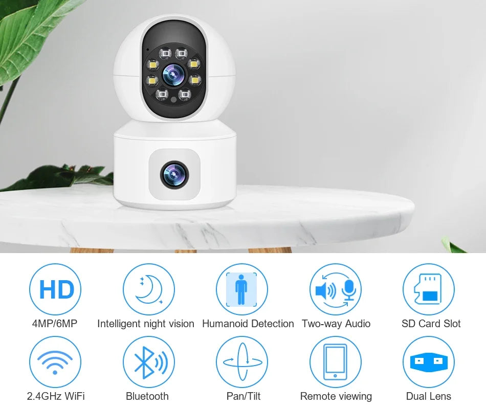 6MP iCsee WiFi IP Camera Dual Lens Dual Screen PTZ Auto Tracking Home Security Camera Baby Monitor CCTV Video Surveillance Cam