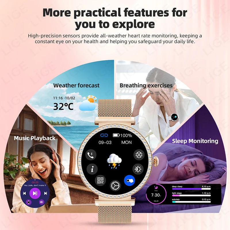 LIGE New 1.27" HD Screen Smart Watch For Women Health Band Waterproof Fitness Tracker Bluetooth Call Bracelet Ladies Smartwatch