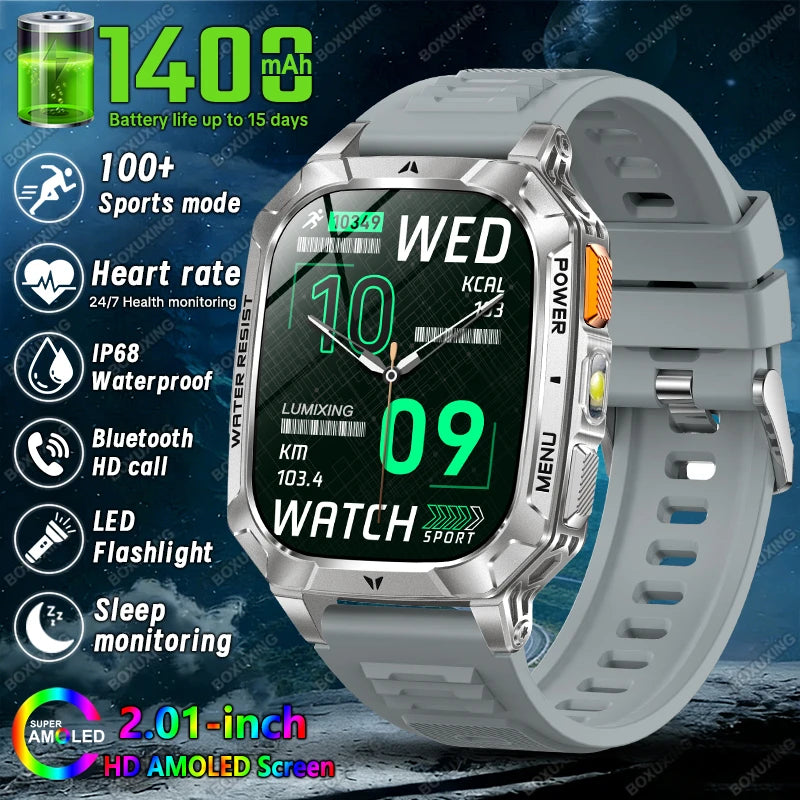 Rugged Military 1400mAh Battery Smart Watch Fitness Tracking IP68 Waterproof Tactical Sports Flashlight 2026 New Men Smartwatch