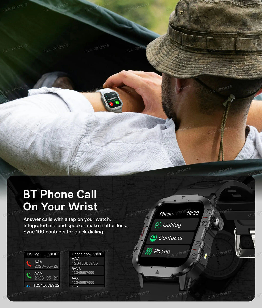 Military Outdoor Smart Watch Men’s GPS Tracking Flashlight Bluetooth Call 2.01" AMOLED Screen 5ATM Waterproof Sports Smartwatch