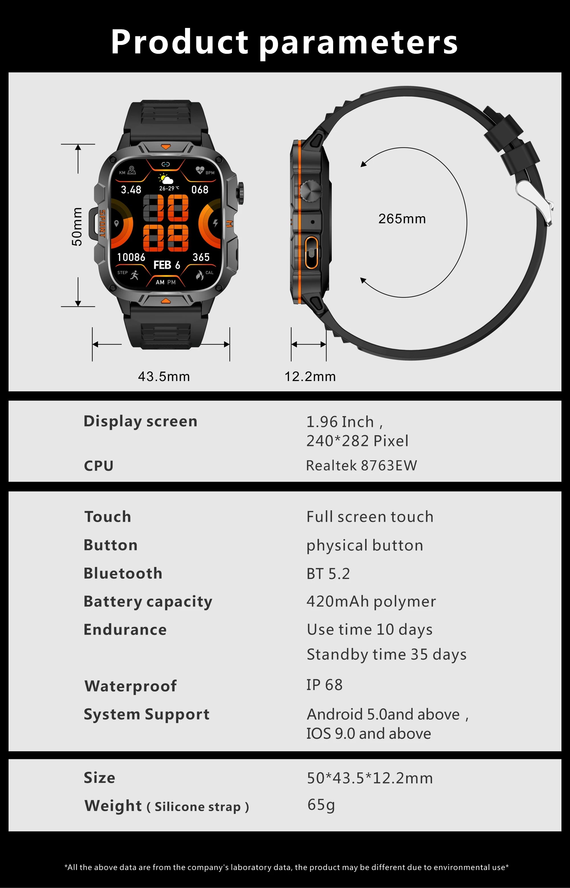 2026 New Rugged Smart Watch Men 1.96" AMOLED BT Call 5ATM Waterproof GPS Heart Rate Monitor LED Flashlight Military Sports Watch