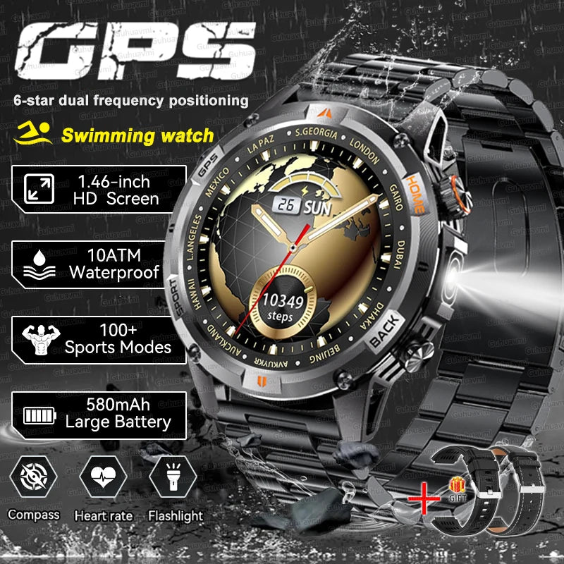 2026 GPS Military Smart Watches Men 10ATM Waterproof Call LED Flashlight 1.46" Rugged Tactical Watch Compass Fitness Smartwatch