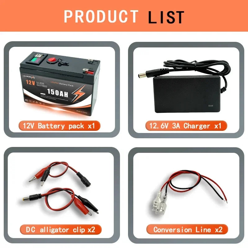 LiFePO4 12V 150Ah Lithium Battery 4000+ Deep Cycles, for Power Wheels, Radio, Kayak Fish Finder, Solar Power, Ride on Toys