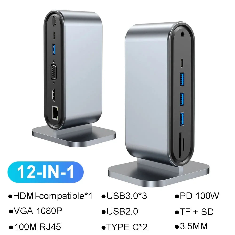 12-in-1 Vertical Docking Station USB C Docking Station TYPE C HUB USB Splitter HDMI 4K/LAN 100M/USB3.0 5Gbps/VGA 1080P/PD100W