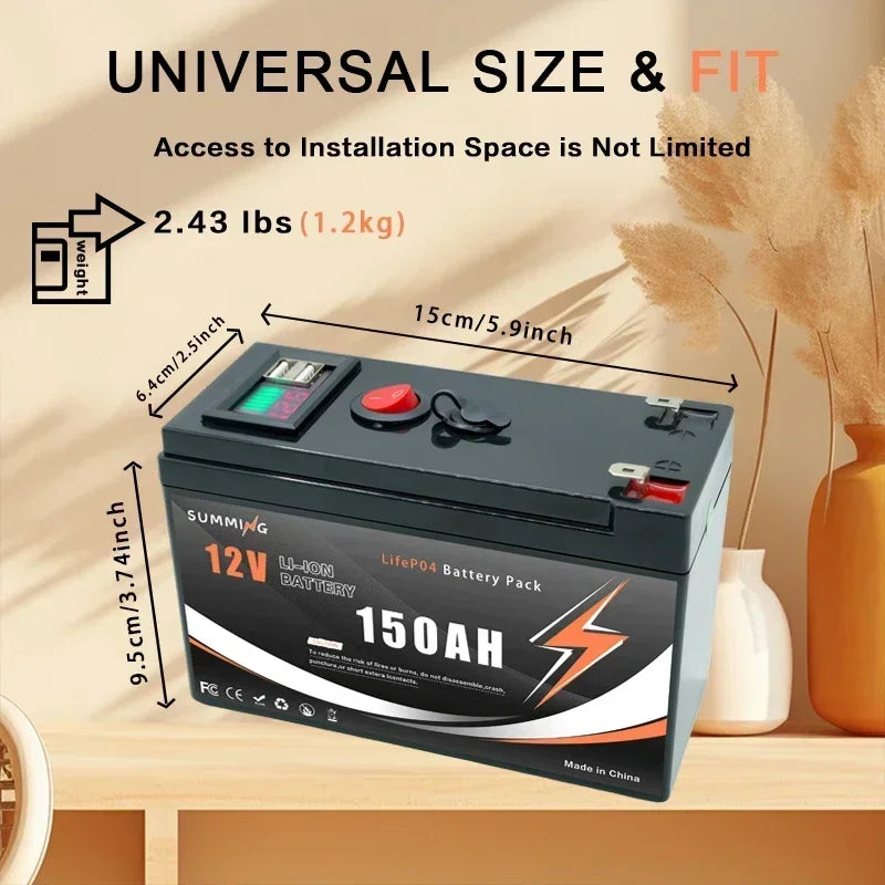 LiFePO4 12V 150Ah Lithium Battery 4000+ Deep Cycles, for Power Wheels, Radio, Kayak Fish Finder, Solar Power, Ride on Toys