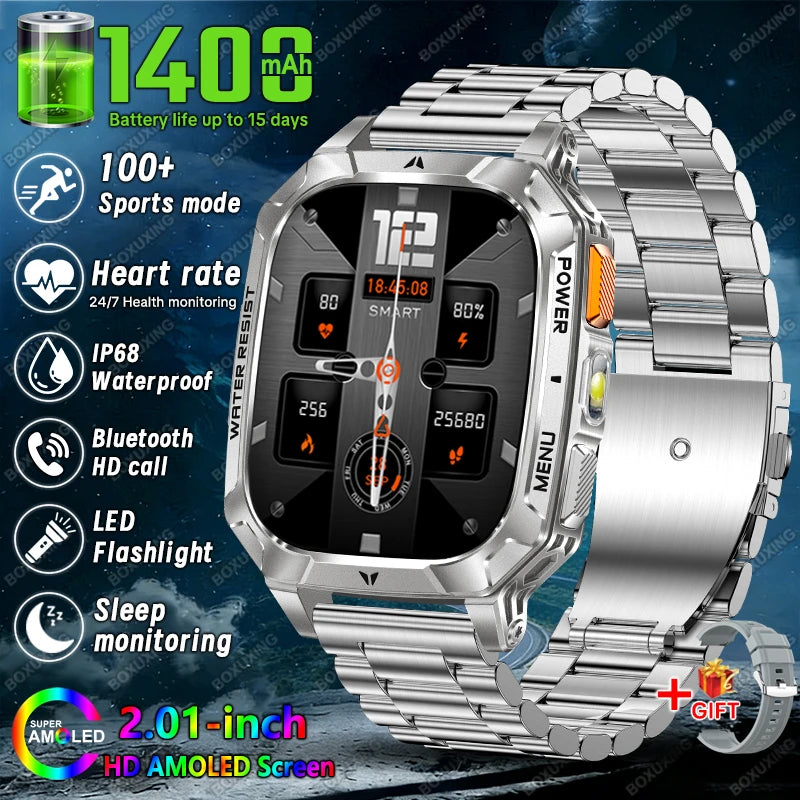Rugged Military 1400mAh Battery Smart Watch Fitness Tracking IP68 Waterproof Tactical Sports Flashlight 2026 New Men Smartwatch