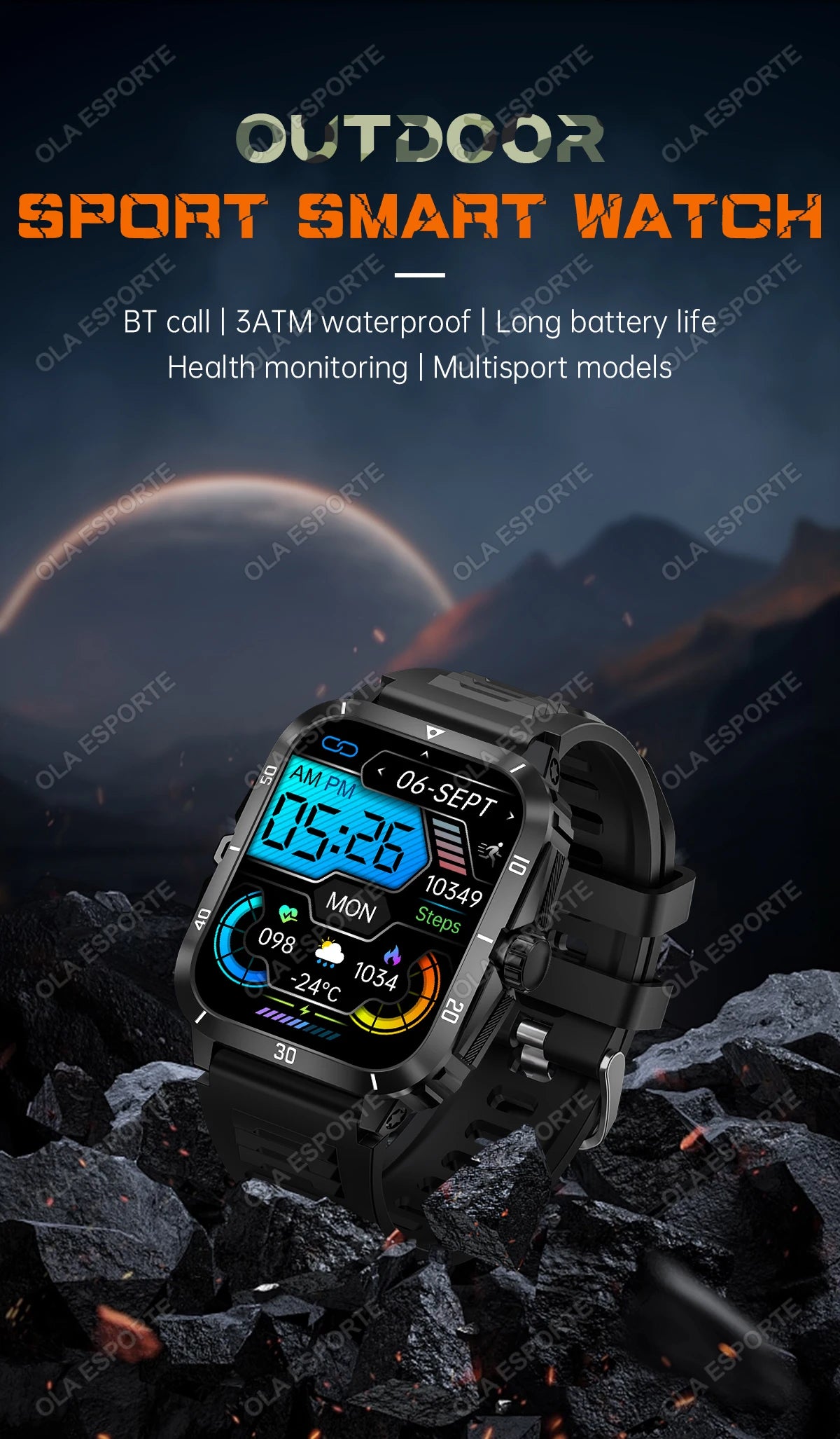 Smart Watch 3ATM Waterproof 1.96" IPS Screen Military KT71 Men 100+ Sport Mode Heart Rate Blood Pressure Bluetooth Call