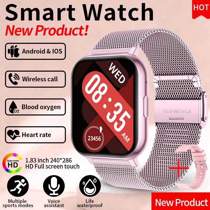 LIGE 1.83" HD Screen Smartwatch Fitness Health Monitor 2026 New Bluetooth Call Waterproof Call Reminder Smart Watch Men Women