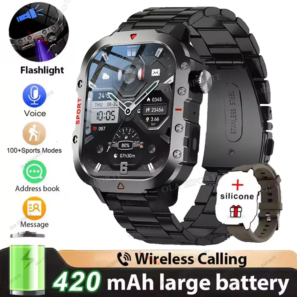 Military Outdoor Smart Watch Men’s GPS Tracking Flashlight Bluetooth Call 2.01" AMOLED Screen 5ATM Waterproof Sports Smartwatch