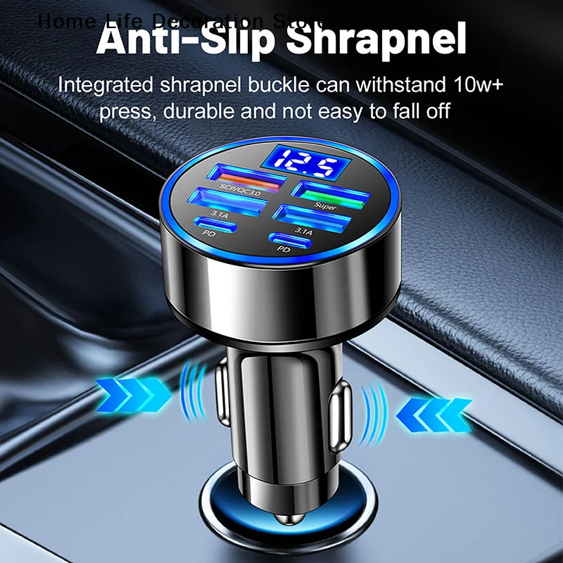 100W 6-Ports USB Type-C Car Charger With Voltage Display PD Fast Charging Power Adapter For Iphone Android Smart Phone Tablet