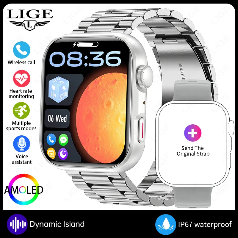 LIGE New Bluetooth Call 1.83" AMOLED Smart Watch For Android IOS Dynamic Island Men Women Sports Fitness Blood Oxygen Smartwatch