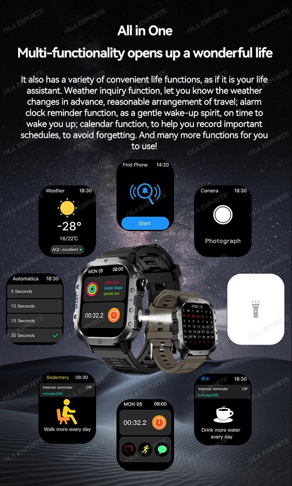 Military Smart Watch Men Waterproof Outdoor Sports Tracker LED Flashlight Bluetooth Call Men Smartwatch For Android iOS