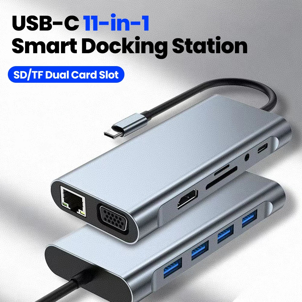 11-in-1 Type-C Docking Station USB C Splitter to USB3.0/USB2.0/4K HDMI/VGA/PD 87W/100M RJ45/AUX/SD/TF Adapter For Laptop Macbook