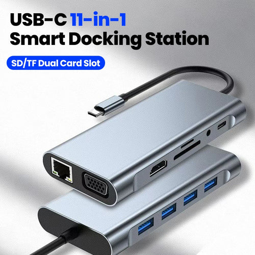 11-in-1 Type-C Docking Station USB C Splitter to USB3.0/USB2.0/4K HDMI/VGA/PD 87W/100M RJ45/AUX/SD/TF Adapter For Laptop Macbook
