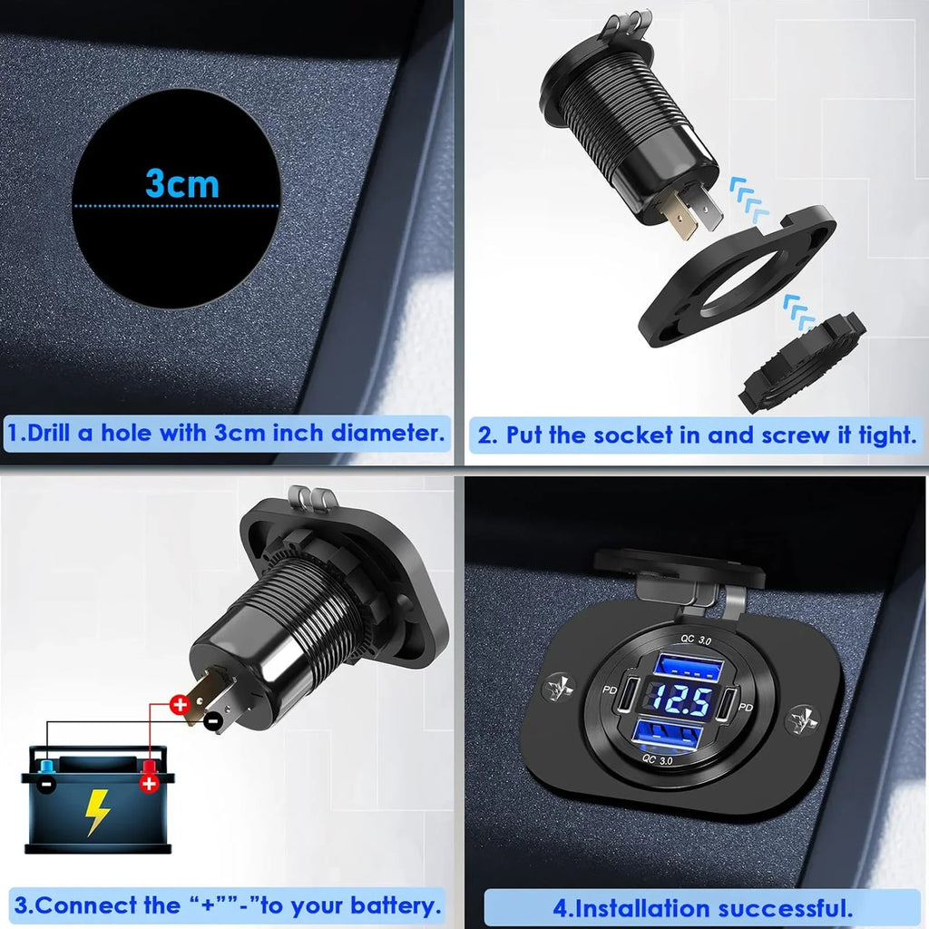 NEW 117W Dual PD Dual QC 3.0 USB Car Charger with Voltmeter Socket Power Outlet Adapter Waterproof for 12V/24V Car Boat Hot Sale