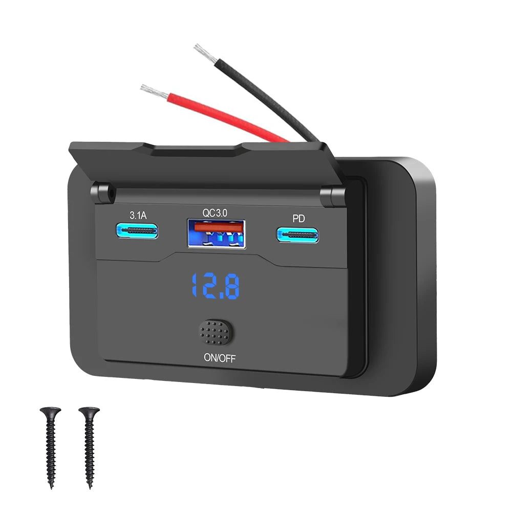 Dual PD Dual QC 3.0 USB Car Charger 12V RV USB Outlet Panel 108W Fast Charge Socket with Switch & Voltmeter for Boat Motorcycle