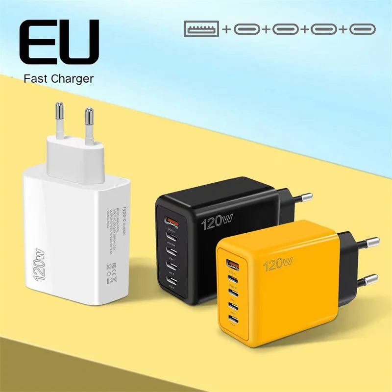 120W PD USB Multi-Port Charger 4 PD Ports 1 USB Port Fast Charging Adapter for iOS and Android Phones with Short Circuit