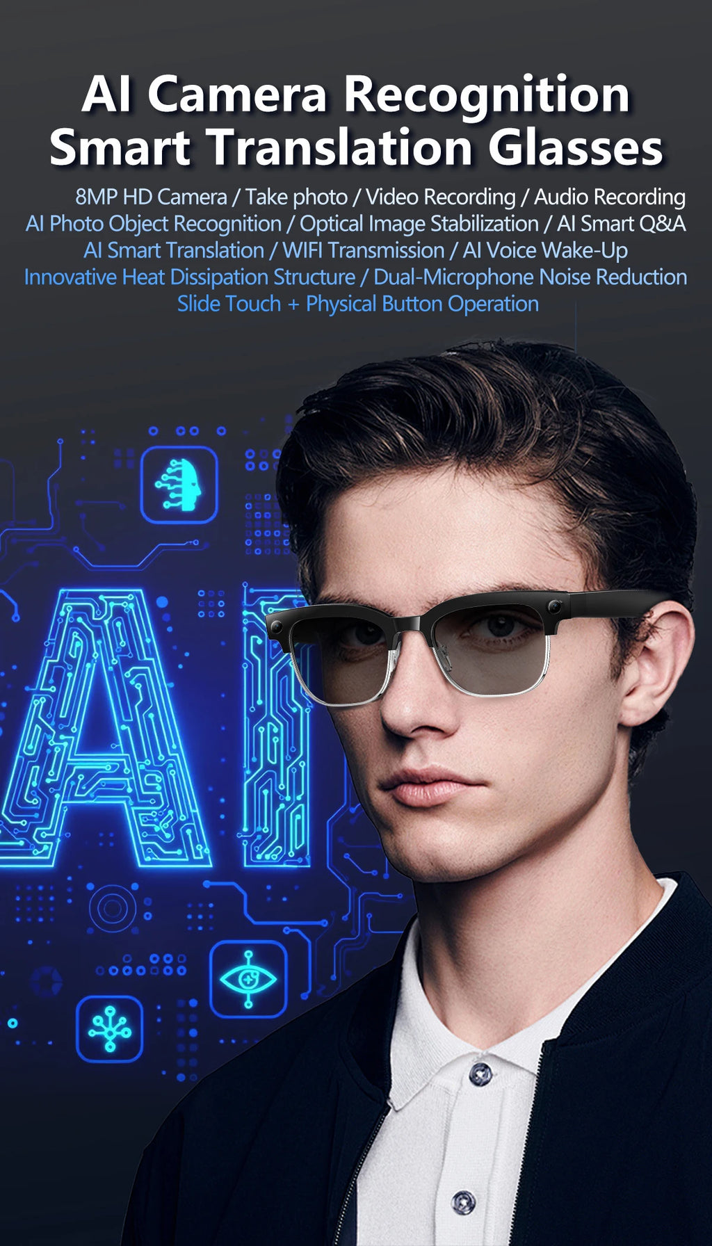 Smart Glasses 800W Camera 2026New Technologies Video Recording AI Photo Recognition Bluetooth Calls Voice Translation Sunglasses