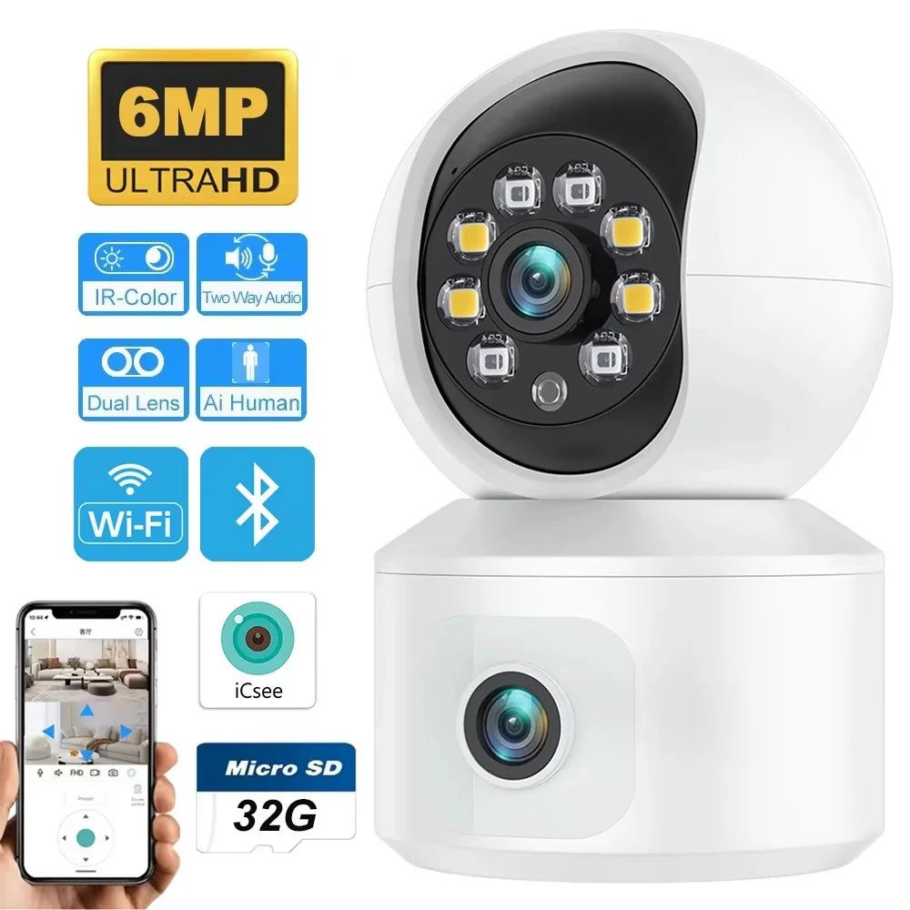 6MP iCsee WiFi IP Camera Dual Lens Dual Screen PTZ Auto Tracking Home Security Camera Baby Monitor CCTV Video Surveillance Cam