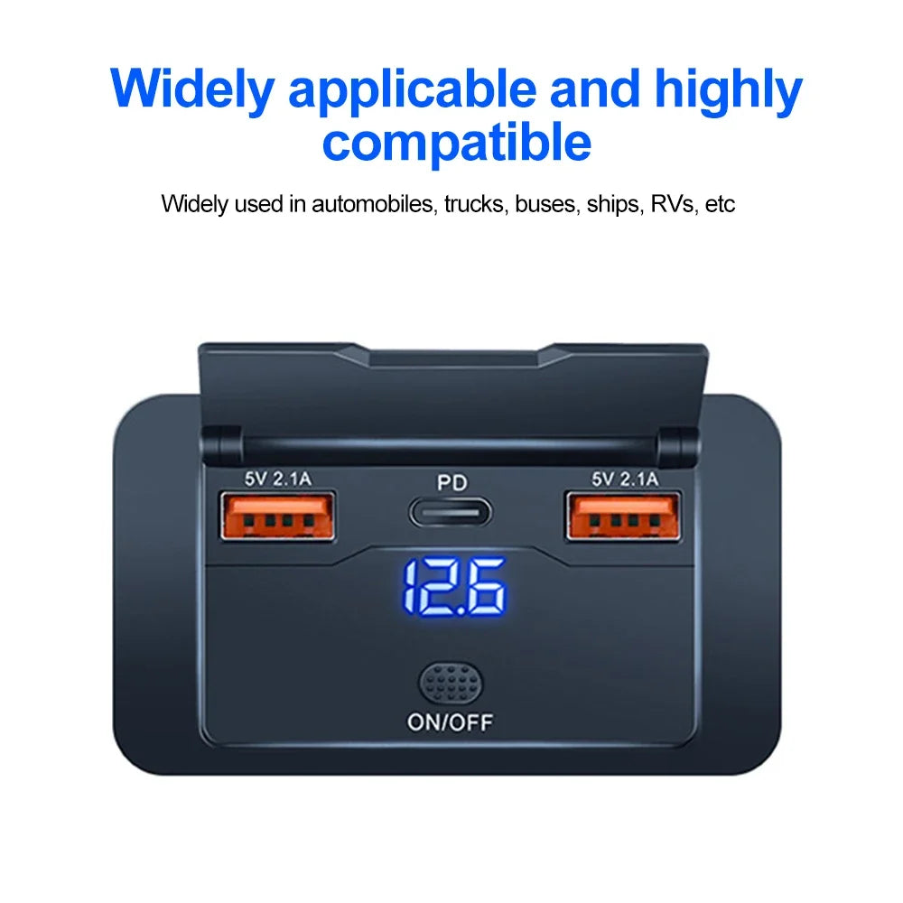 Dual PD Dual QC 3.0 USB Car Charger 12V RV USB Outlet Panel 108W Fast Charge Socket with Switch & Voltmeter for Boat Motorcycle