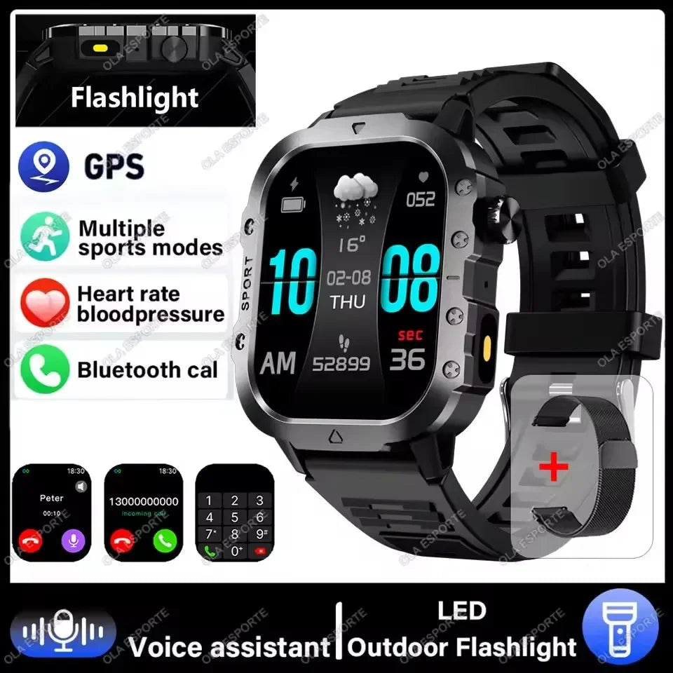 Military Smart Watch Men Waterproof Outdoor Sports Tracker LED Flashlight Bluetooth Call Men Smartwatch For Android iOS